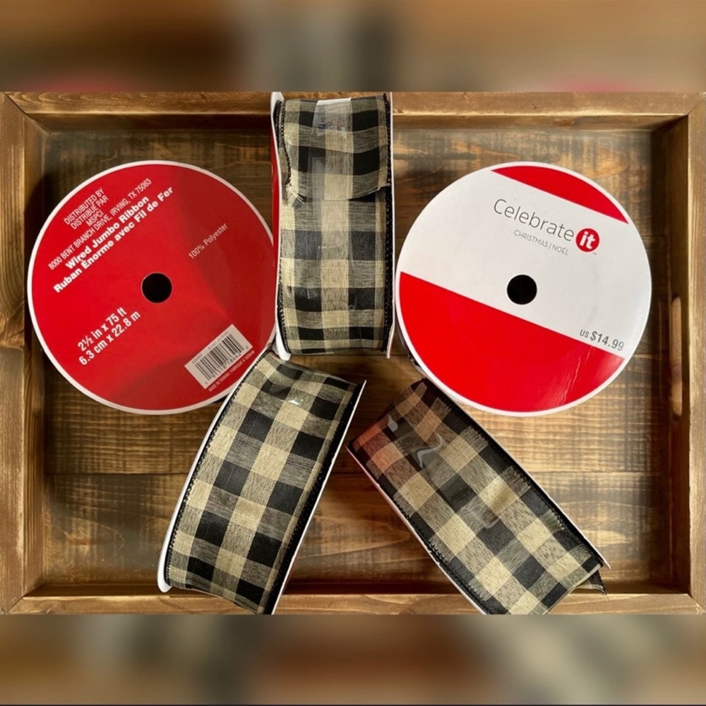 5 Rolls Black Tan Plaid Wired Ribbon